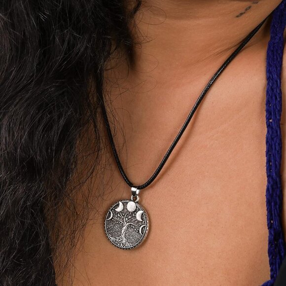 Tree of Life Necklace, Vintage Antique Tree of Life Moon Pendant, Faux Leather C - Picture 5 of 6